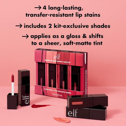 e.l.f. Glossy Lip Stain Kit - Long-Lasting Sheer Color & Gloss Finish | Vegan, 4 Shades