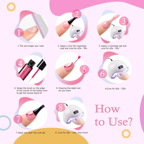 TWOEIGHT Gel Nail Polish Liner Nail Art 12 Colors 8ml UV Lamp Soak-off Polishes Pigmented White Red Pink Green Gold Glitter Built Thin Brush in Bottle Manicure DIY at Home Salon Quality Gift for Women