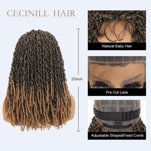 CECINILL Full Lace Wig Faux Locs Handmade Synthetic Curly Goddess Braids with Baby Hair 20 Inch (1B-27#)