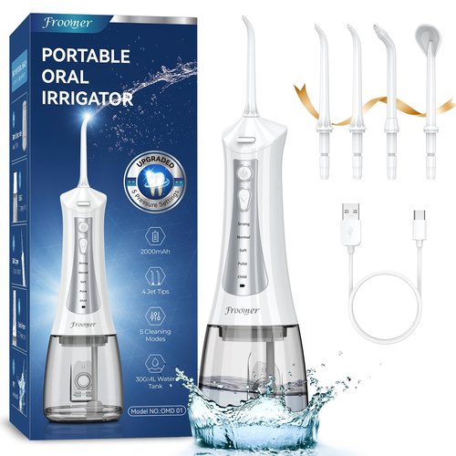 Froomer Cordless Water Flosser – Rechargeable Portable Electric Water Flosser for Teeth, Braces, 5 Modes, IPX7 Waterproof, Travel Friendly, 300ml, White