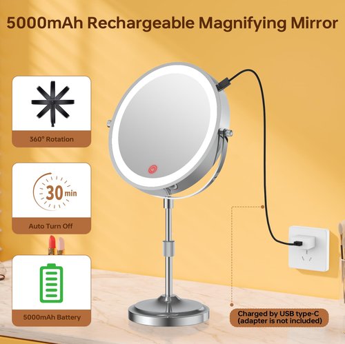 Erlingeryi 9" Magnifying Mirror with Lights 20X, Height Adjustable, Dimmable, Rechargeable, Chrome