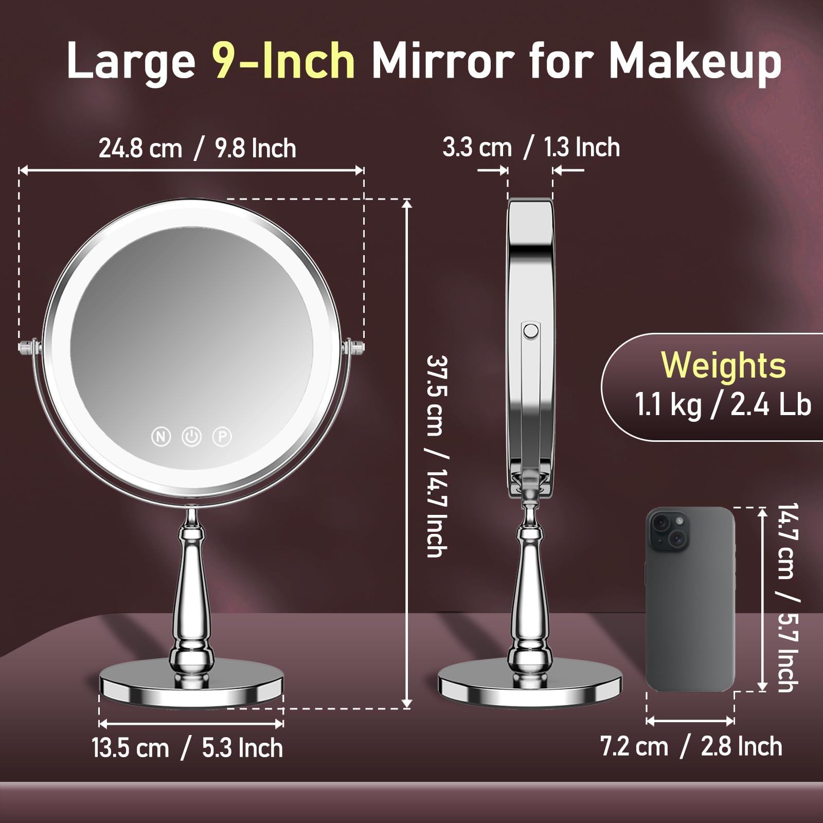 WOOCICA Vanity Mirror with Lights, 9'' Lighted Makeup Mirror, 1X/20X Double Sided Magnifying Mirror, 5000mAh Rechargeable, 3 Color Dimmable LED, 360° Rotation Desk Mirror for Makeup & Skincare