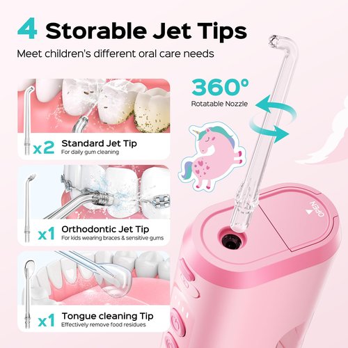 COSLUS T40 Portable Water Flosser for Kids: 4 Gentle Modes for Ages 6+, Braces & Sensitive Teeth - with Fun DIY Stickers, 4 Storable Nozzles, Mini Compact for Home School & Travel, BPA-Free, Pink