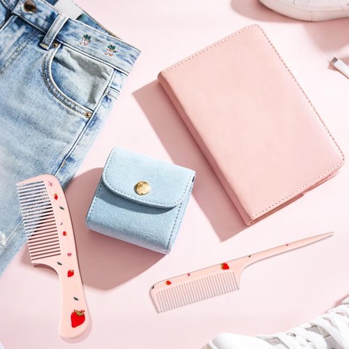 Skiennix Cute Hair Comb Set - Pink Strawberry Fine Tooth & Rat Tail Combs for All Hair Types