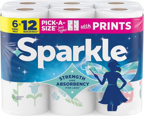Sparkle Paper Towels - Spirited Print Design, 6 Double Rolls (660 Sheets) | Strong 2-Ply for Kitchen Cleanup