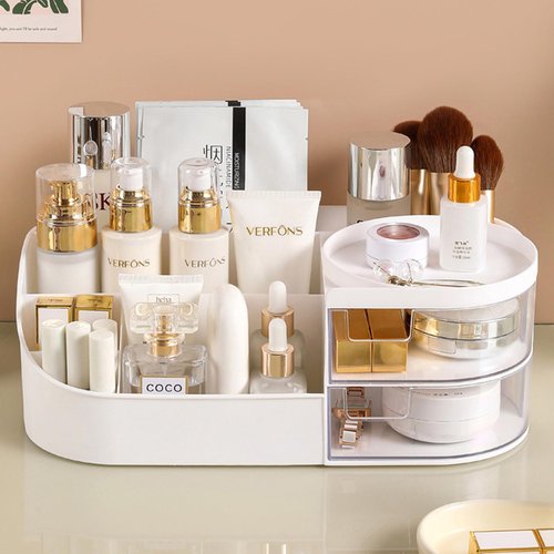 POFUOT skin care organizer,Makeup Desk Organizer With Drawers,Countertop Organizer for Cosmetics,Vanity brush with Holder for Lipstick, Brushes, Eyeshadow, and Desktop Finishing Dresser (D-White)