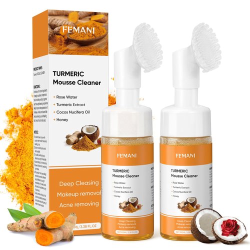 femani 2pcs Glow Wash Turmeric Face Wash With Brush, Deep Cleansing Exfoliating Foaming Facial Cleanser, Improve Skin Condition