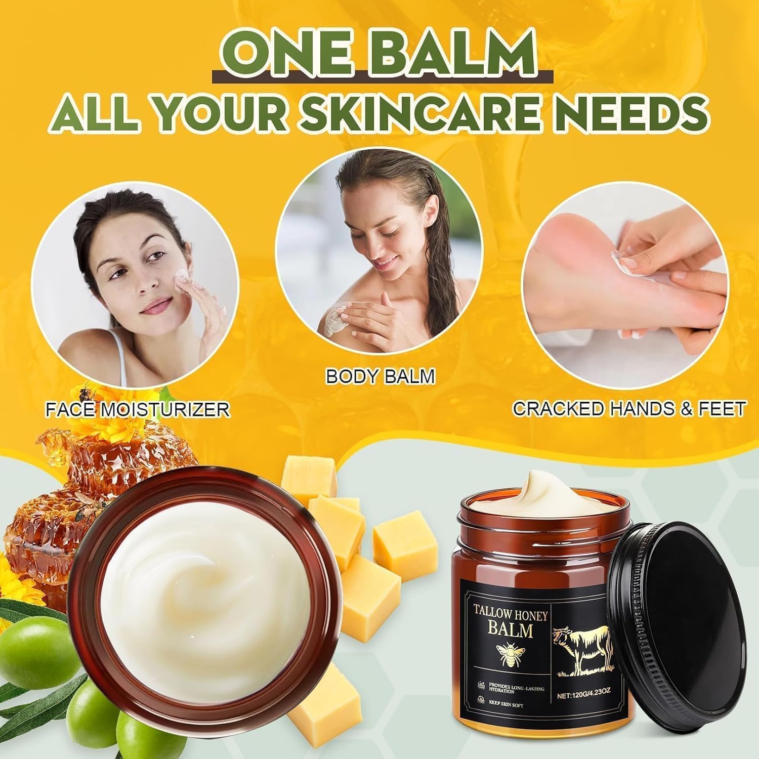 WOMEIKI Beef Tallow for Skin,Organic Whipped Beef Tallow Face Moisturizer with Raw Honey and Beeswax,Natural Grass Fed Tallow and Honey Balm,Moisturizer for Face,Body (Unscented)