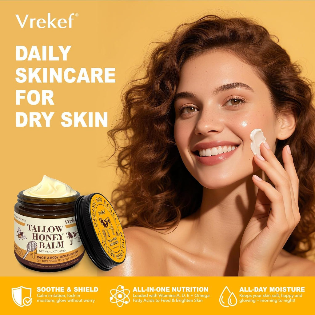 VREKEF Beef Tallow for Skin (4.2 oz)– Tallow and Honey Balm for Face & Body – Grass-Fed Tallow with Beeswax, Sea Buckthorn Oil, Shea Butter, Vitamin E – Natural Moisturizer