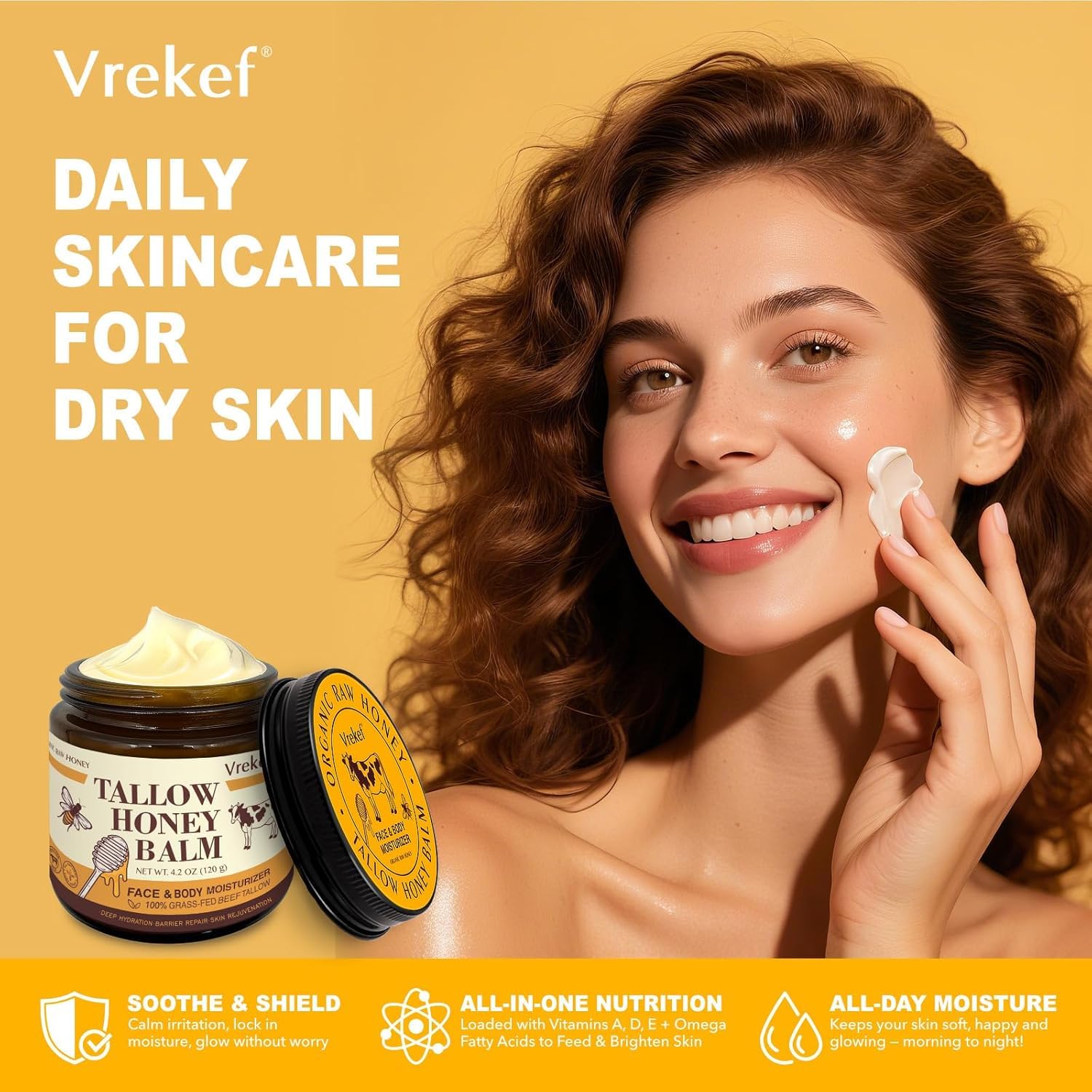 VREKEF Beef Tallow for Skin (4.2 oz)– Tallow and Honey Balm for Face & Body – Grass-Fed Tallow with Beeswax, Sea Buckthorn Oil, Shea Butter, Vitamin E – Natural Moisturizer