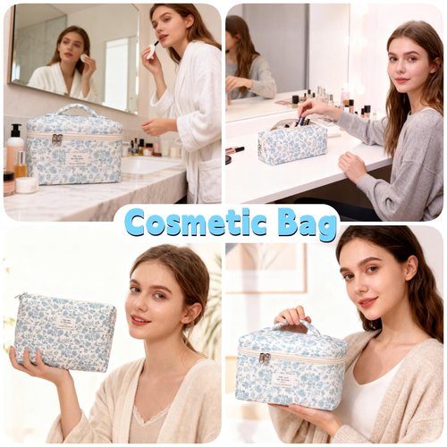 PGAXM 3PCS Makeup Bag,Quilted Cosmetic Bag,Large Floral Makeup Bag for Women,Cute Cotton Cosmetic Bag Set,Travel Toiletry Bag For Women(White blue)