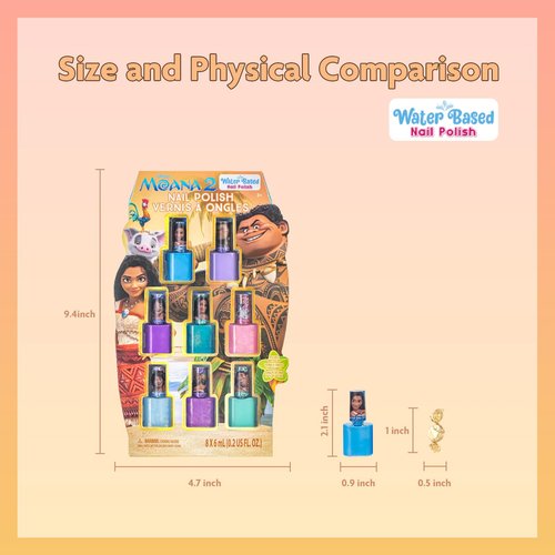 Townley Girl Moana 2 Non-Toxic Water-Based Peel Off Nail Polish Set with Glittery Shimmery and Opaque Colors for Girls Kids Ages 3+ Perfect for Parties Sleepovers and Makeovers 8 Pcs