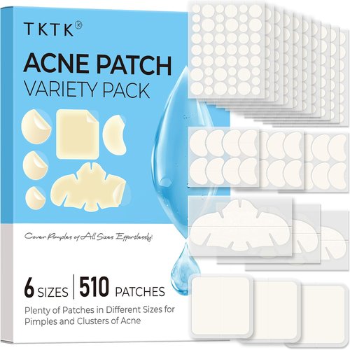 TKTK Pimple Patches for Face, 6 Sizes Hydrocolloid Acne Patch Variety, Large Acne Stickers for Cheeks, Forehead, Chin, Nose, Back Blemishes Zit Breakouts (4 Shapes 510 Count)