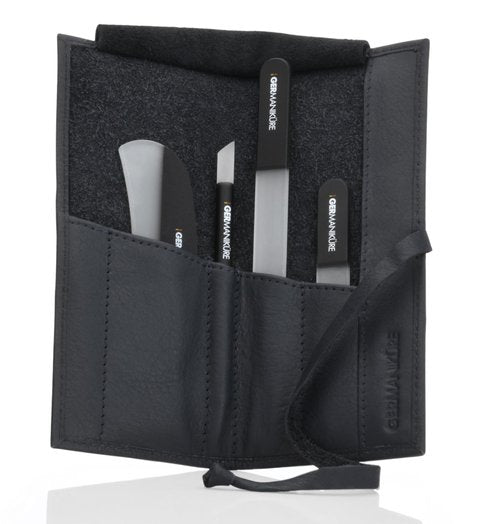 GERMANIKURE Black Crystal Glass Nail File Set in Black Leather Case – Handmade in Czech Republic – Professional Manicure & Pedicure Supplies – Glass Cuticle Stick, Pusher, Moon File