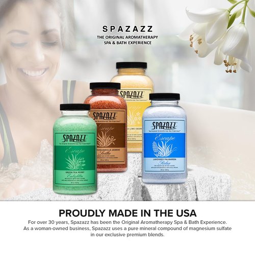 Hot Tub & Spa Bath Salt Aromatherapy Crystals Gift Set - Spazazz Escape Collection Bundle 4-Pack (22oz Each) - Lavender Palmarosa, Verbena Lime Coconut, Green Tea Peony, White Musk Vanilla Jasmine