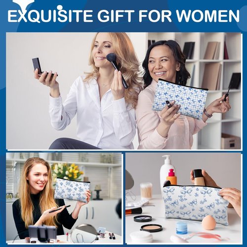 16 Pcs Bow Makeup Bags Bulk for Women Blue Coquette Aesthetic Preppy Cosmetic Bags Bow Floral Canvas Toiletry Bags Aesthetic Travel Zipper Pouches for Bridesmaids Wedding Party Favors Supplies