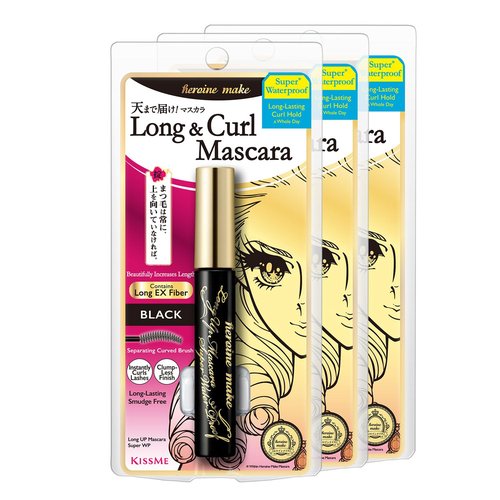 HEROINE MAKE by KISSME Smudge Proof Mascara Black, Volume and Length by Defining Fiber for Long and Curl Eye Makeup for Women, Tubing Mascara Made in Japan, Black, 3 EA