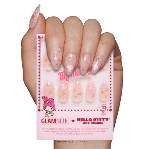 Glamnetic x Hello Kitty® and Friends Press On Nails - My Melody™ | Short Almond Gold Foil 3D Graphic Fake Nails in a Glossy Finish | 15 Sizes - 30 Nail Kit with Glue