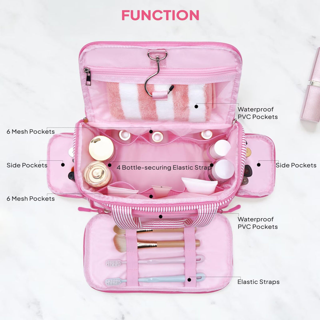 YOOLIFE Travel Toiletry Bag for Women, Initial Hanging Toiletry Bag for Teen Girls, Birthday Gifts for 10 11 12 13 14 15 16 17 Year Old Girls, Pink (A)