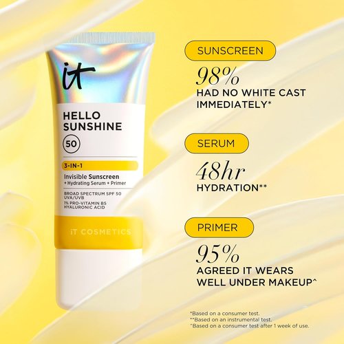 IT Cosmetics Hello Sunshine Invisible Sunscreen SPF 50 - Hydrating Serum & Makeup Primer with Pro-Vitamin B5 & Hyaluronic Acid - No White Cast, HSA/FSA Eligible