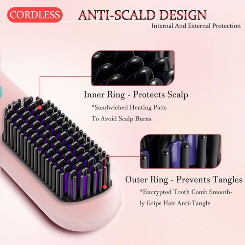Cordless Hair Straightener Brush Portable Straightener Styling Comb for Travel Mini Lightweight 9600mAh Battery, 9 Temp Settings & Anti-Scald Christmas Valentine's Day Gift
