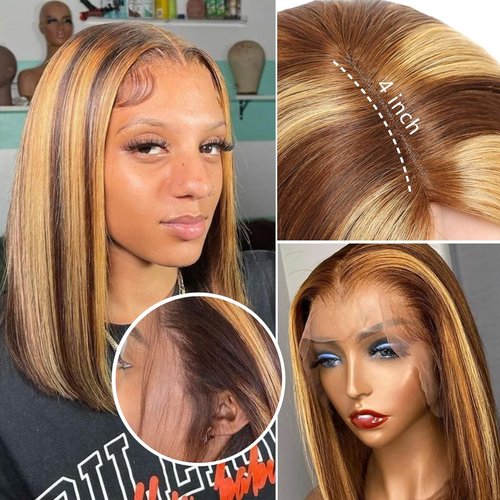 CLong Highlight Ombre Lace Front Wig Human Hair, 10 inch 13x4 Lace Wig Transparent 4/27 Short Bob Wigs For Black Women Human Hair 150% Density (4/27 Bob Wig,10inch)