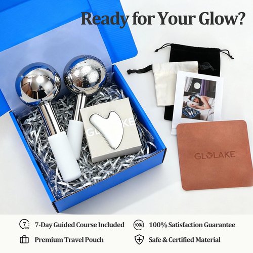 GLOLAKE Ice Roller for Face &Gua Sha Facial Tools, Stainless Steel Ice Roller for Depuffing, Lymphatic Drainage, Fine Lines&Collagen Boost on Face&Body, Valentines Day Gifts for Her/Him, at Home Spa