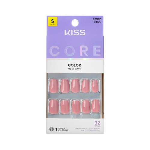 KISS CORE, Press On Nails, Nail glue included, 'Felicity', Pink, Short Size, Squoval Shape, Includes 32 Nails, 2g Glue, 1 Manicure Stick, 1 Mini File