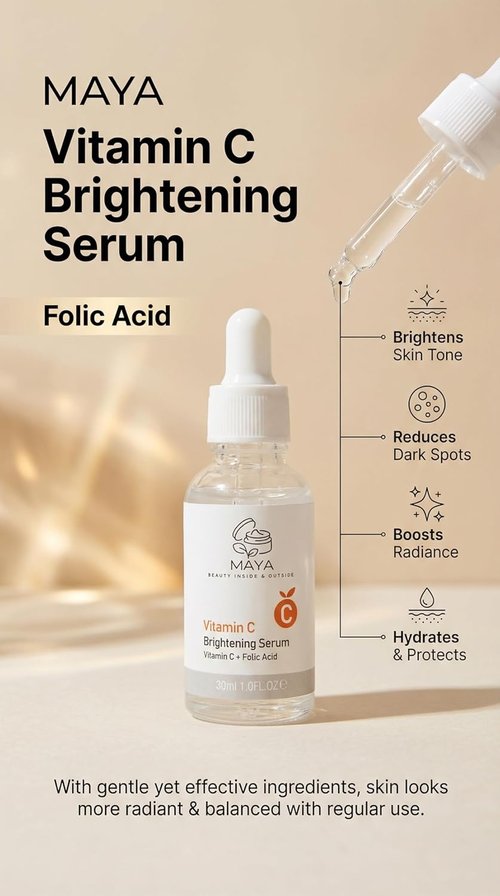 MAYA Vitamin C Brightening Serum - Hydrating Face Serum with Folic Acid for Glowing Skin | 30ml