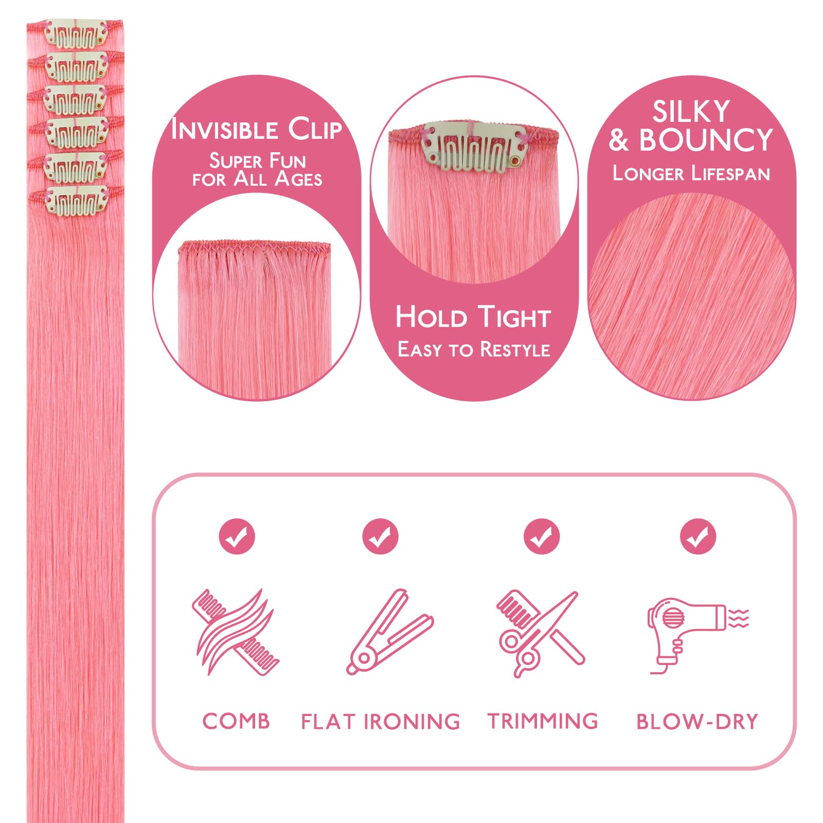 WENNALIFE Peach Pink Clip in Hair Extensions Real Human Hair 35g 6pcs 18 Inch Colored Hair Extensions for Kids Women Colorful Hair Pieces Pop-up Style Straight Extensiones De Cabello Humano Con Clip