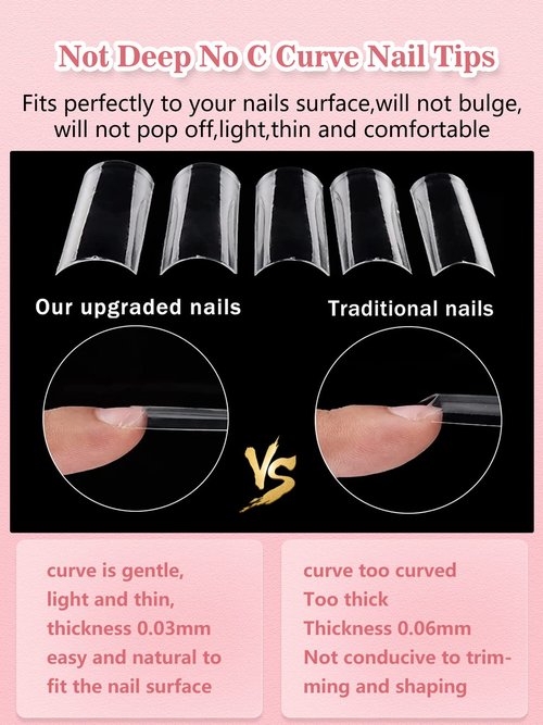 Quaferen Clear Square Nail Tips, 504PCS 3XL Long No C Curve Nail Tips, Half Cover Flat Tapered Square Straight Gel Acrylic Tips False Nails for DIY Salon Home