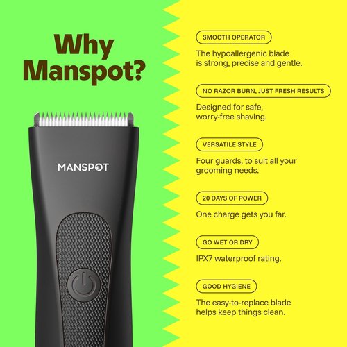 MANSPOT Groin & Body Hair Trimmer for Men - Waterproof Electric Shaver with 4 Guards & Ceramic Blades