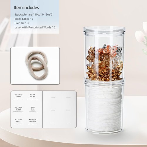 SheeChung 6-Pack Clear Stackable Qtip Holder Dispenser - Mixed (10oz & 12oz) Apothecary Jars with Storage Lids - Whole Home Bathroom Organization Set for Cotton Swabs, Balls, Pads