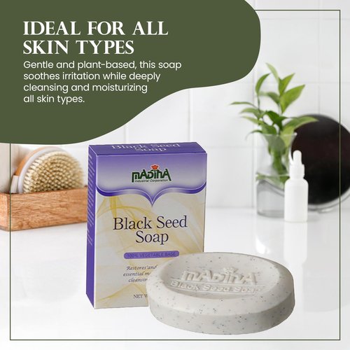 Madina Black Seed Soap Bar – Moisturizing, Anti-Aging, Deep Cleansing, Black Seed Oil, Shea Butter, Jojoba Oil, Plant-Based, Gentle Face & Body Cleanser, 6 Pack (3.5 oz Each)