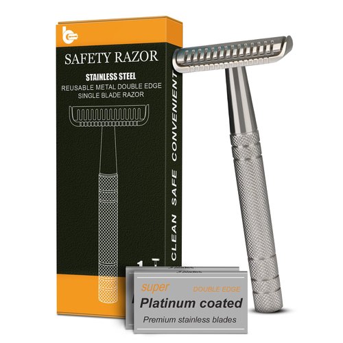Stainless Steel Safety Razor - Single Blade Design for Men | 10 Double Edge Blades & Heavy Duty Handle