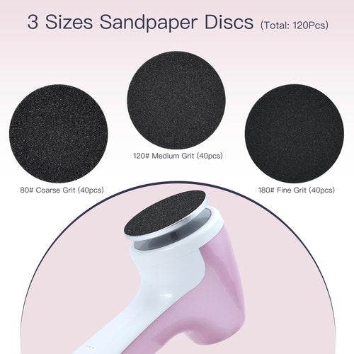 AprElm Rechargeable Electric Foot Callus Remover with 3-Sizes 120Pcs Sandpaper Discs, Professional 1000RPM 3-Speed Control Electric Foot File (E7 Pink)