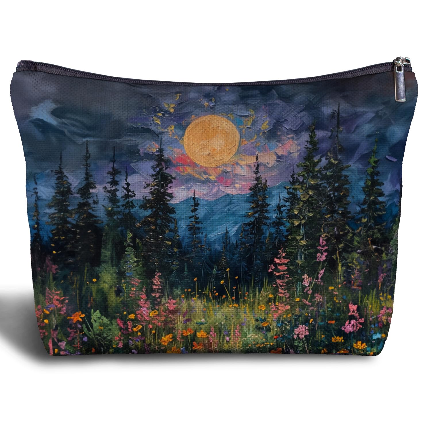 Zomhix Watercolor Full Moon Above the Wildflowers Makeup bag, Cottagecore Accessories Cosmetic Bag, Cottagecore Gifts, Mystical Under Cold Moons Scenic Cosmetic Bag Toiletry Bag