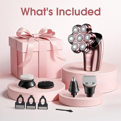 Electric Razors for Women Legs : 5-in-1 Rechargeable Body Shaver, 7D Wet & Dry Bikini Trimmer, IPX7 Waterproof Lady Hair Remover for Face Underarms Pubic, Rose Pink