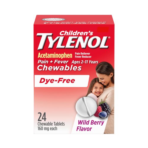 Children's Tylenol Dye-Free Chewables, 160 mg Acetaminophen Pain Reliever & Fever Reducer for Kids' Cold + Flu Symptoms, Headache, Sore Throat & Toothache, Aspirin-Free, Wild Berry, 24 ct