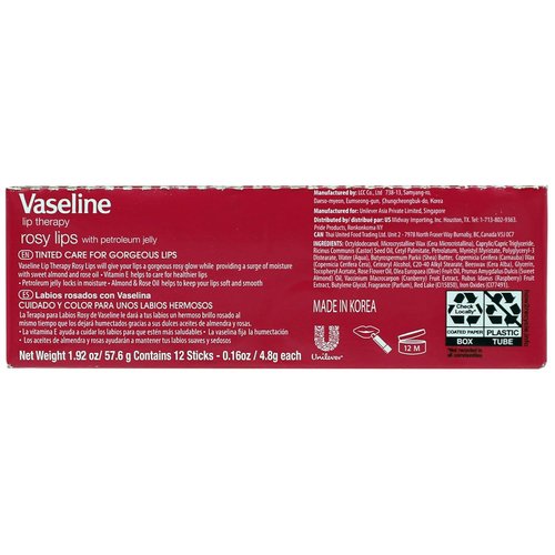 Vaseline Lip Rosy Balm - Fast-Acting Nourishment for Chapped & Cracked Lips | 12 Sticks in 1 Box