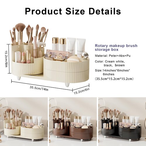 DASITON Makeup Organizer Countertop, 360° Rotating Makeup Brush Holder Organizer, Large Capacity Cosmetic Display Case with Drawers, Makeup Storage Organizer for Vanity, Desktop, Bathroom (Cream 01)