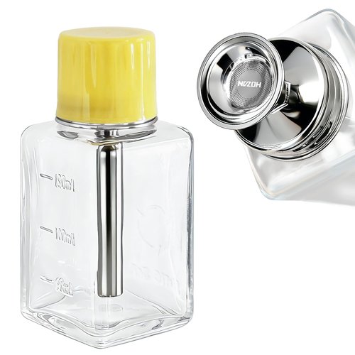ffresiss Glass Acetone Dispenser, Push Down Pump Alcohol Dispenser with Metal Cover, Nail Polish Remover Liquid Pump Square Bottle Hand Pumping Rubbing Press Container, 6oz / 180ml