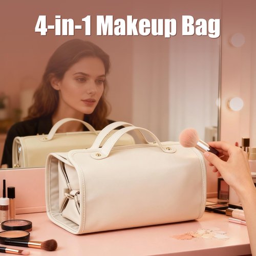 LuyaVogue Large Expandable Makeup Bag for Women, 4-in-1 Waterproof Makeup bag, Cosmetic Bag with Detachable Interior Pockets, Ideal for Women Travel Essentials(White)