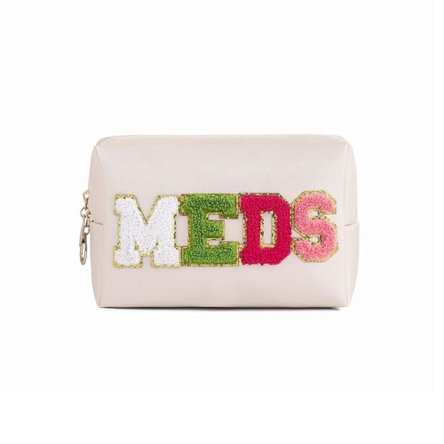 RSRSLEII Cute Chenille Letter Patch Medicine Makeup Bag, PU Leather Waterproof MEDS Cosmetic Bag with Zipper, Travel Toiletry MEDS Pouch, Daily Use Portable Organizer Makeup Bag (01Beige Bag)