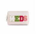 RSRSLEII Cute Chenille Letter Patch Medicine Makeup Bag, PU Leather Waterproof MEDS Cosmetic Bag with Zipper, Travel Toiletry MEDS Pouch, Daily Use Portable Organizer Makeup Bag (01Beige Bag)