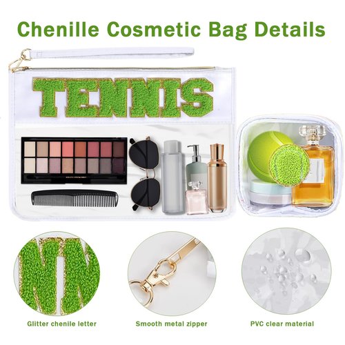 DMJRZTF 2 Pcs Tennis Snack Bags Team Gifts Cosmetic Makeup Bag with Chenille Letter Patch PVC Organizer Purse,Portable Zipper Waterproof Travel Storage Bag for Friends Women Girls