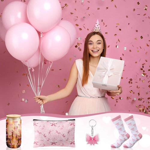 Boao 5 Pcs Pink Bow Gift Set with Bow Glass Cup, Socks, Cosmetic Bag Keychain Coquette Stuff Thank You Gift Box for Girls Women Valentines