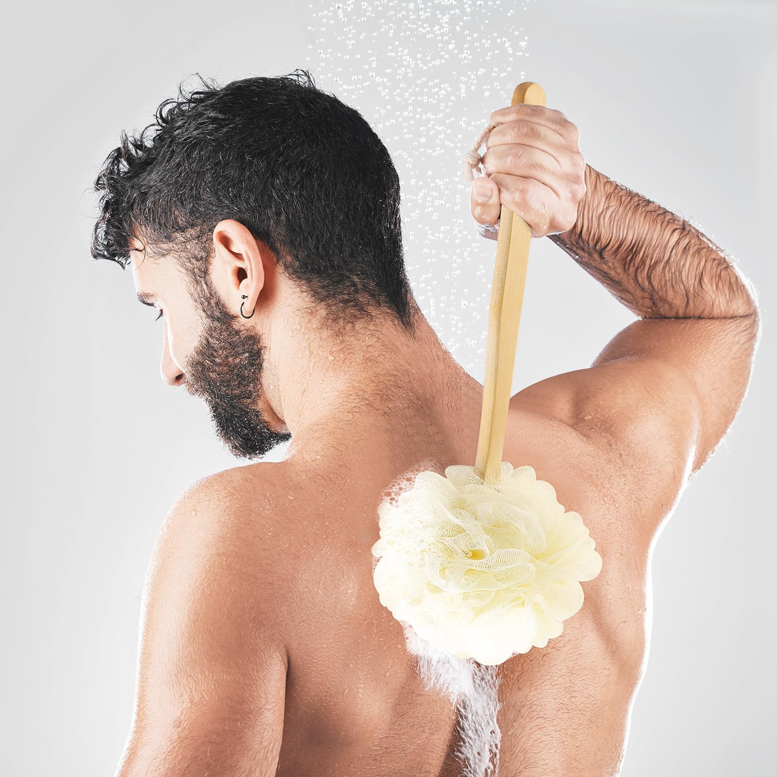 White Loofah on a Stick PE Soft Mesh Luffa Made of Soft and Sturdy Rubber Material Back Scrubber for Shower for Women and Men with String for Easy Hanging