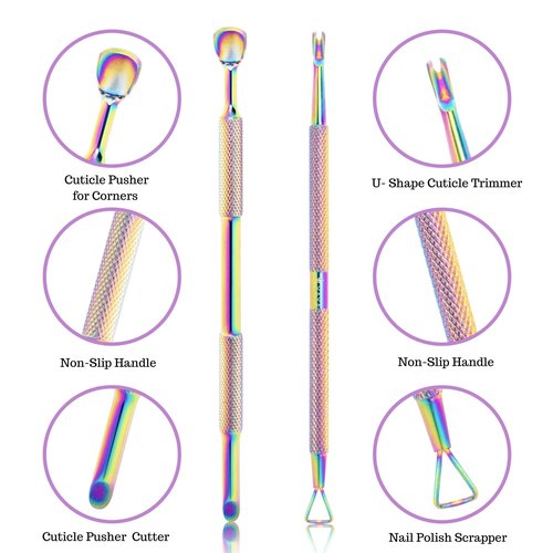 Cuticle Scissors with Cuticle Pushers, Extra Fine Curved Blade, 3in1 Professional Cuticle Tools Set, Nail Cuticle Trimmer Set, Manicure Kit, Pedicure Kit, Yaya Nails Cuticle Tool Kit (Rainbow)