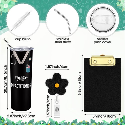 Sieral 5 Pcs Nurse Gifts Bulk for Women NP Gifts Tumbler Tote Makeup Bag Badge Clipboard for Coworker Nurse Practitioners(Black)